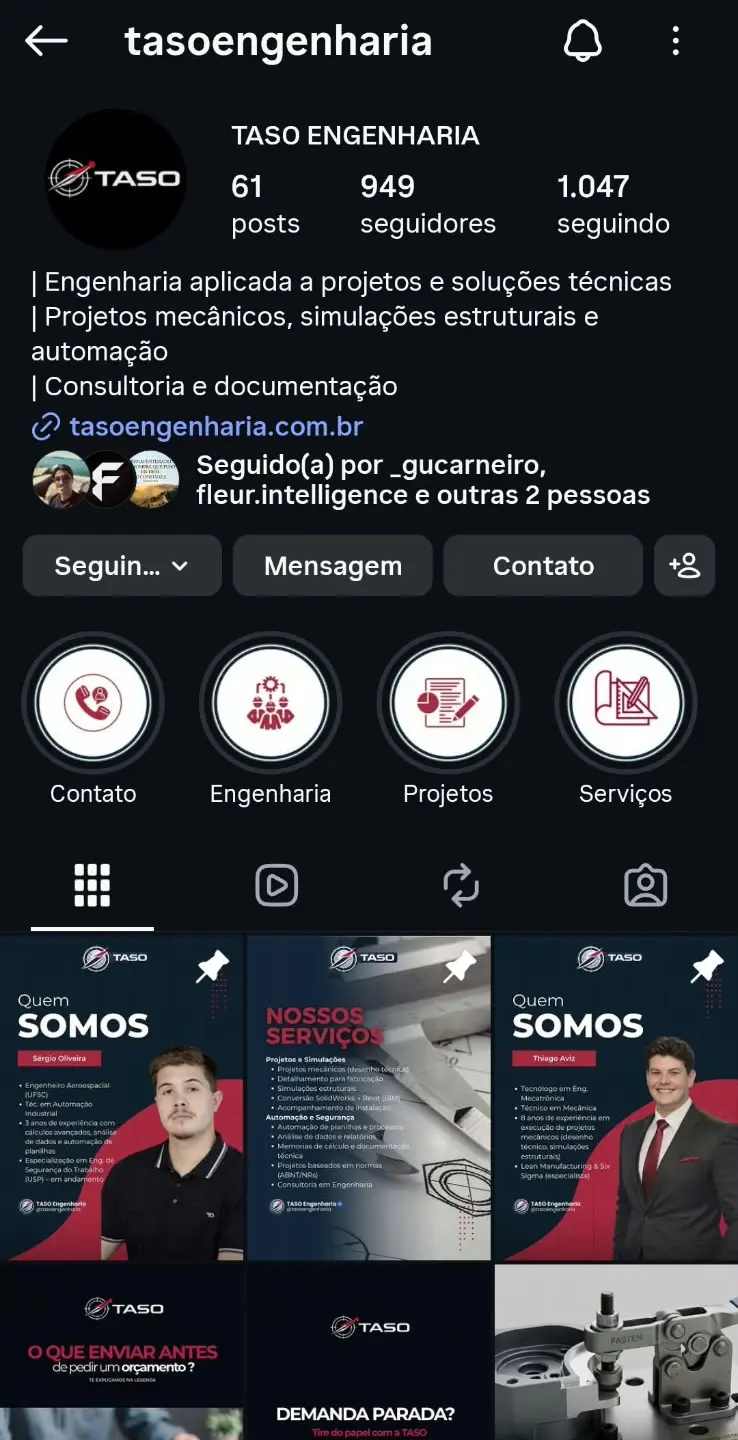Perfil de Instagram de TASO Engenharia